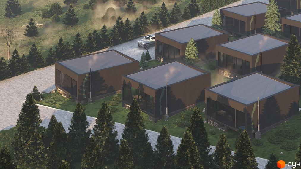 Котеджне містечко Малахіт. Темні одноповерхові будинки з великими вікнами та плоскими дахами серед зелених дерев та брукованих доріжок.