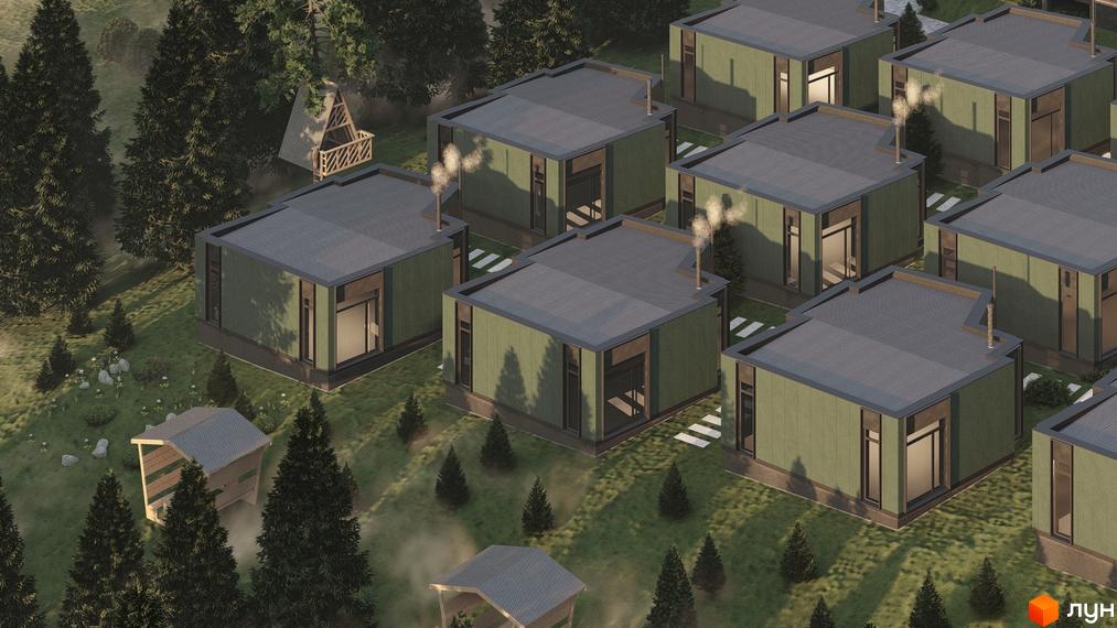 Котеджне містечко Малахіт: одноповерхові будинки з темними дахами та зеленими стінами, розташовані серед хвойного лісу.