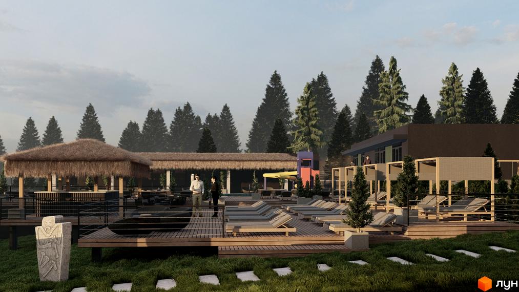 Зображення Котеджного містечка Малахіт з басейном та лежаками на прибудинковій території. На задньому плані зелені дерева.