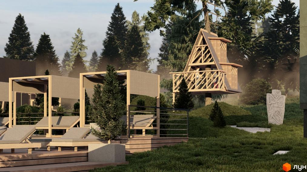 Дерев'яний будиночок на дереві та зона відпочинку з перголами Котеджного містечка Малахіт. Територія оточена хвойними деревами.