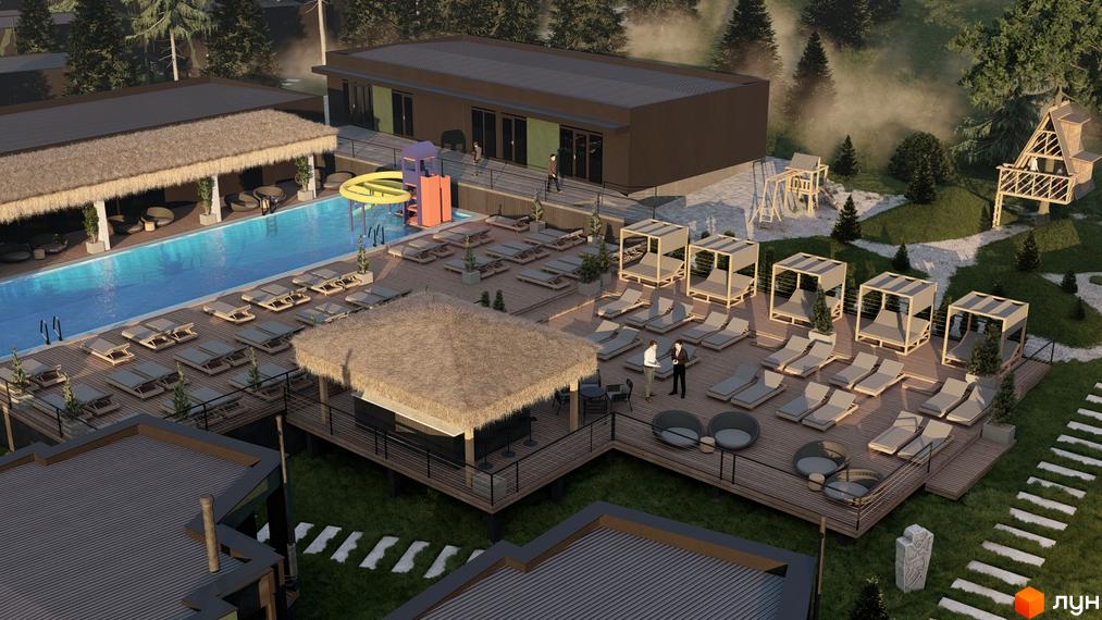 Будівлі Котеджного містечка Малахіт мають прямокутні форми та темні дахи. Територія облаштована басейном, зонами відпочинку та дитячими майданчиками.