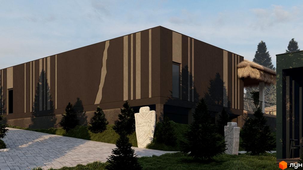 Фасад будинку Котеджного містечка Малахіт темно-коричневий зі світлими смугами та хвилястим візерунком. Прилегла територія має бруківку, хвойні дерева та кам'яні стели.