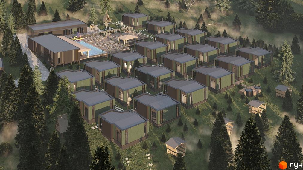Котеджне містечко Малахіт: вид зверху на одноповерхові будинки з темними дахами та зелено-коричневими фасадами серед лісу. На території є басейн та зона відпочинку.