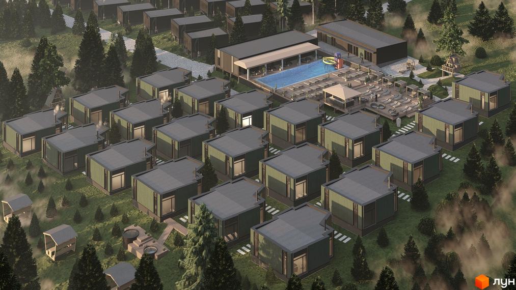 Котеджне містечко Малахіт: будинки з темно-зеленими фасадами серед дерев. Комплекс має басейн, зони відпочинку та ігрові майданчики.