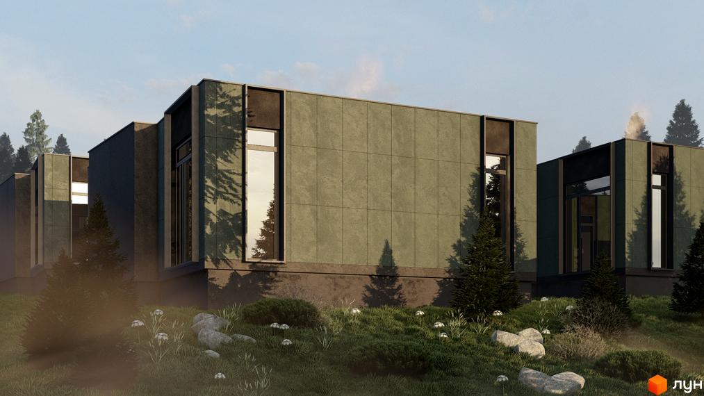 Зображення Котеджного містечка Малахіт: фасади будинків з великими вікнами, зелена територія з деревами та декоративними рослинами.