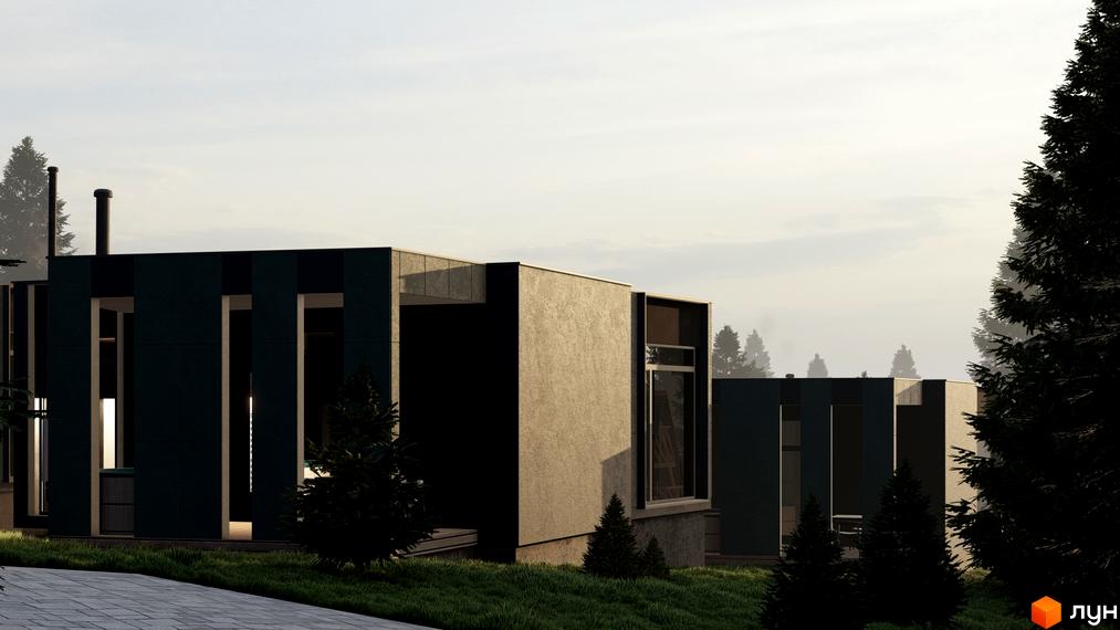 Зображення Котеджного містечка Малахіт. Вигляд сучасного будинку з великими вікнами та озелененою територією.