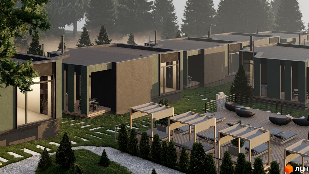 Зображення Котеджного містечка Малахіт з будинками та зоною відпочинку. Вигляд на котеджі та прибудинкову територію з лаунж зоною.