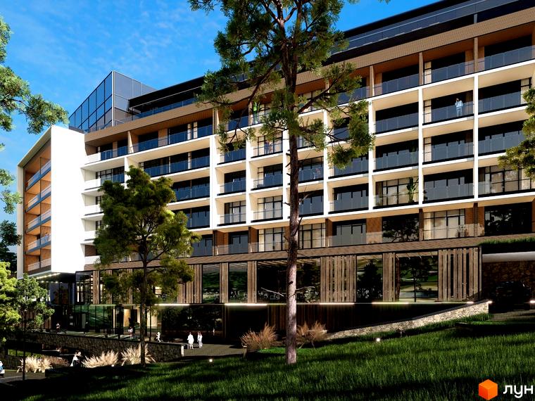 Багатоповерхова будівля GRAND SPA RESORT AND CONFERENCE з балконами та скляними фасадами. Прибудинкова територія має зелені насадження та доріжки.