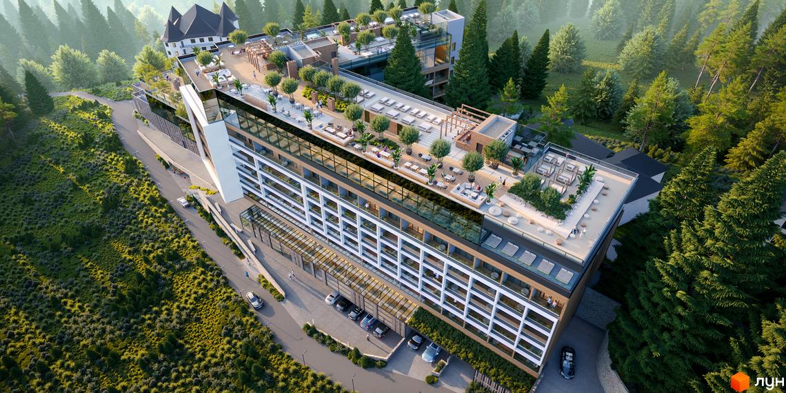 Багатоповерховий будинок GRAND SPA RESORT AND CONFERENCE з великими вікнами та терасами на даху. Оточений зеленим лісом, з доріжками та парковкою.