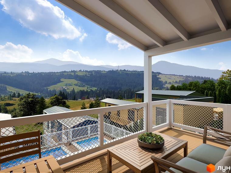 Тераса житлового комплексу VERHGORY з дерев'яною підлогою та видом на гори. Поруч розташований басейн та інші будинки.