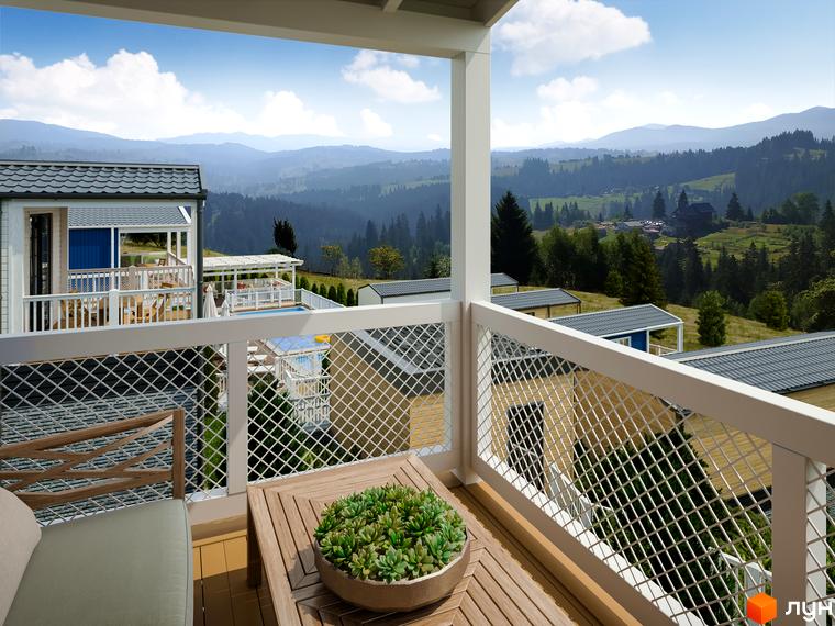 Вид з балкону на мальовничий гірський пейзаж та котеджі в VERHGORY. Житловий район з басейном та зеленими насадженнями.