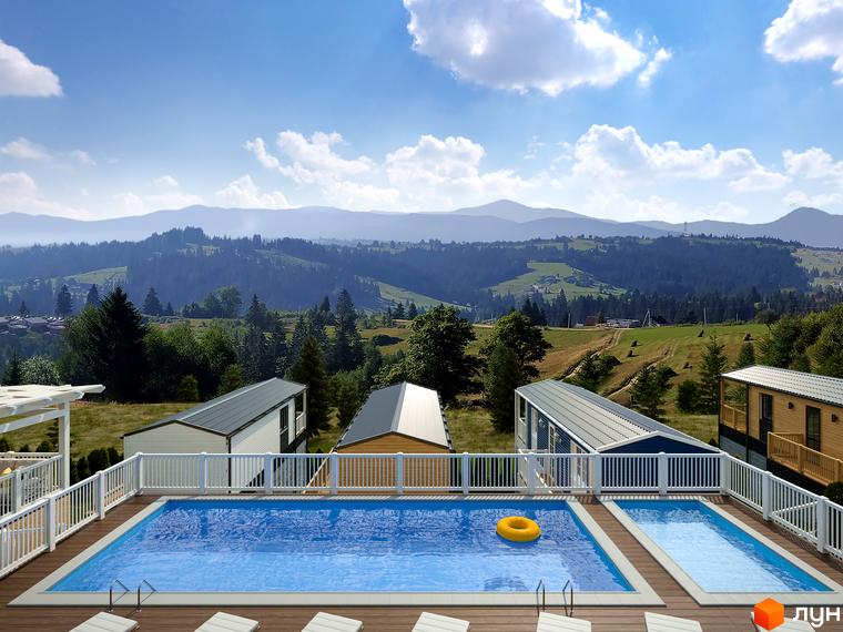 Будинки VERHGORY з білими, синіми та дерев'яними фасадами, скатними дахами. На передньому плані басейни, а на фоні гірський ландшафт.