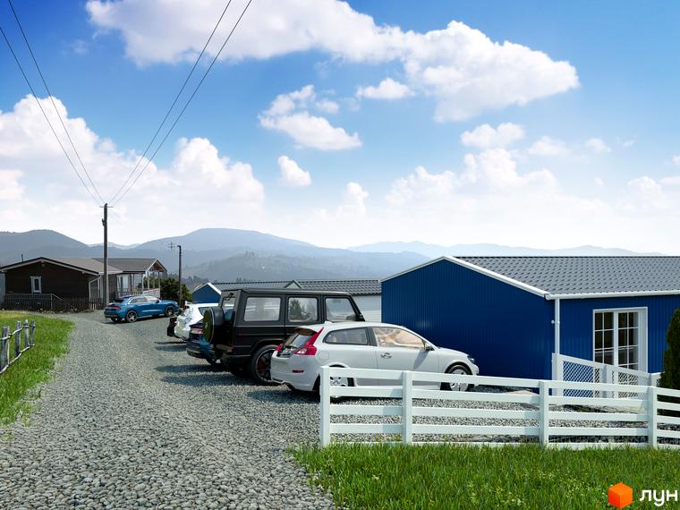 Вигляд на VERHGORY: синій будинок з білим парканом, поруч припарковані автомобілі. На задньому плані видно гори та небо.