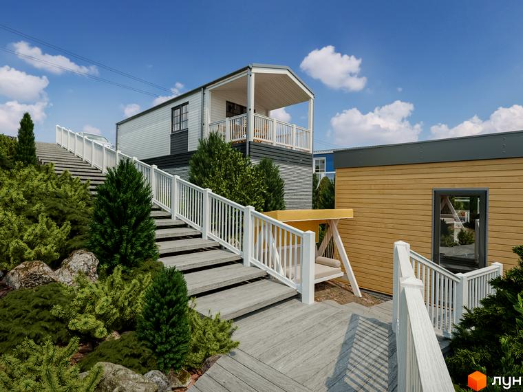 Житловий комплекс VERHGORY: світлий будинок з балконом та жовтий будинок. Територія з дерев'яними сходами та зеленими насадженнями.