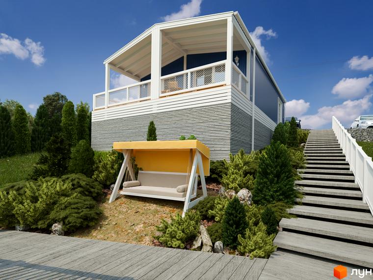 Зображення будинку VERHGORY з терасою та сходами. Навколо будинку зелені насадження та лаунж зона з гойдалкою.