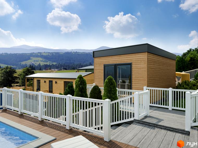 Зовнішній вигляд будинку з дерев'яним оздобленням та великими вікнами. Навколо будинку облаштована тераса з білою огорожею та басейном.