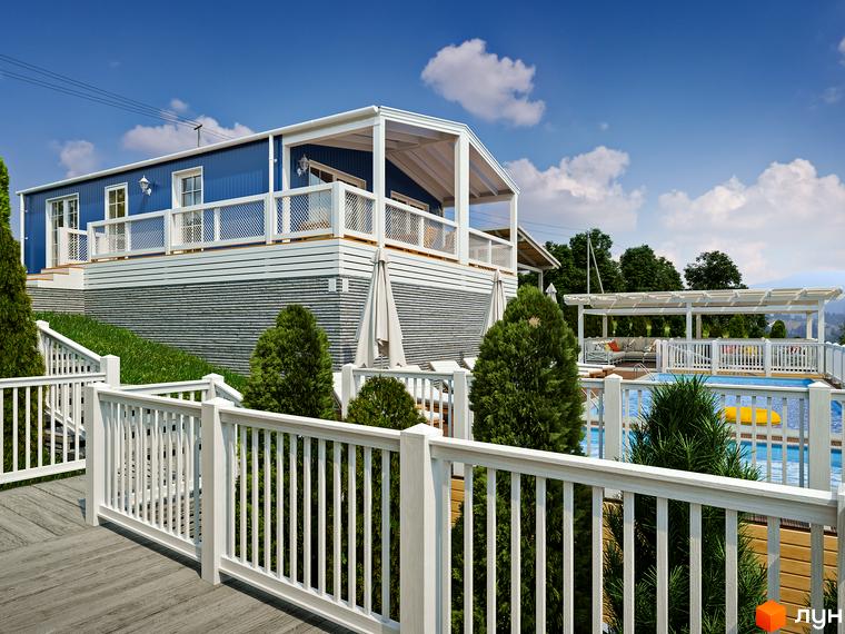 Зображення сторінки Будівельного проєкту VERHGORY: блакитний будинок з білими перилами та басейном на прибудинковій території.