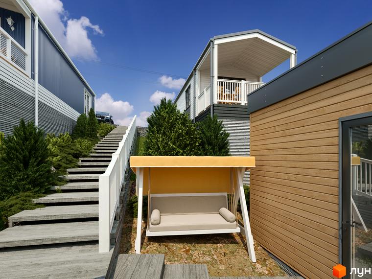 Котеджне містечко VERHGORY: будинки з дерев'яним та сайдинговим фасадами, терасою. Довгі сходи, зелені насадження та гойдалка на території.