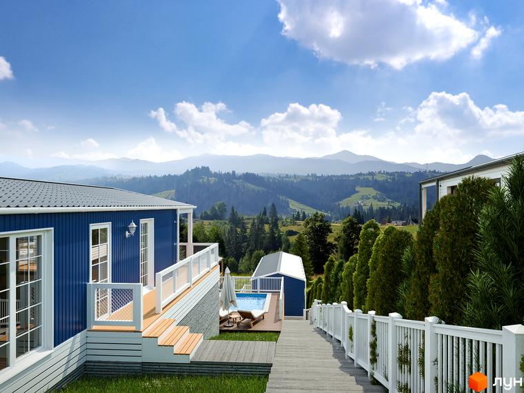 VERHGORY: Будинок синього кольору з білими вікнами та терасою. На території є басейн, доріжки та вид на гори.