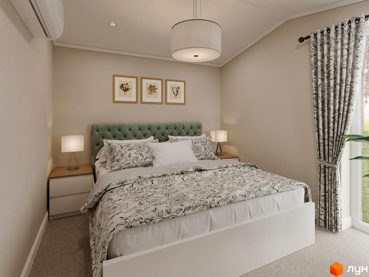 Інтер'єр спальні в Житловому районі VERHGORY з великим ліжком та тумбочками. Вікно з фіранками та картини на стіні.