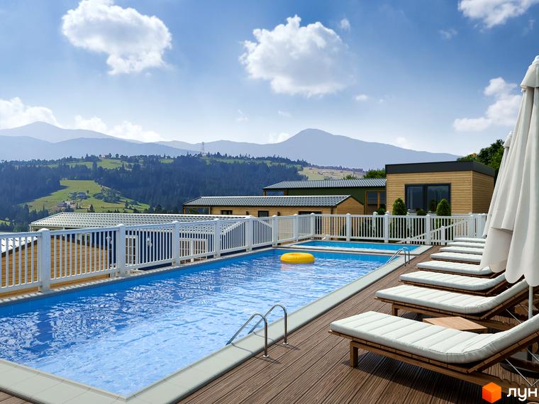 Житловий комплекс VERHGORY: будинки з дерев'яними фасадами та басейн з терасою, оточений гірським пейзажем.