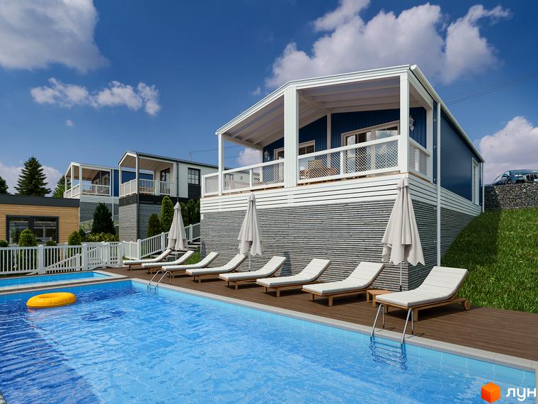 Будинки VERHGORY з синьо-білим фасадом та терасами. Прибудинкова територія включає басейн з шезлонгами.