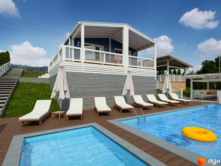 Житловий комплекс VERHGORY: будинок з терасою та басейнами. Дерев'яна палуба, лежаки, парасольки та зелені схили.