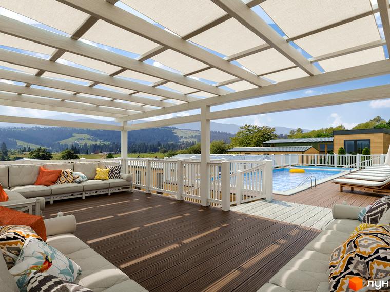 Зображення тераси з басейном Житлового комплексу VERHGORY. Вид на зону відпочинку з м'якими меблями та басейном.