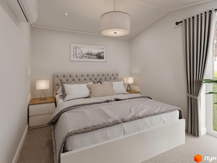 Світла спальня в житловому комплексі VERHGORY з двоспальним ліжком, тумбами та вікном.