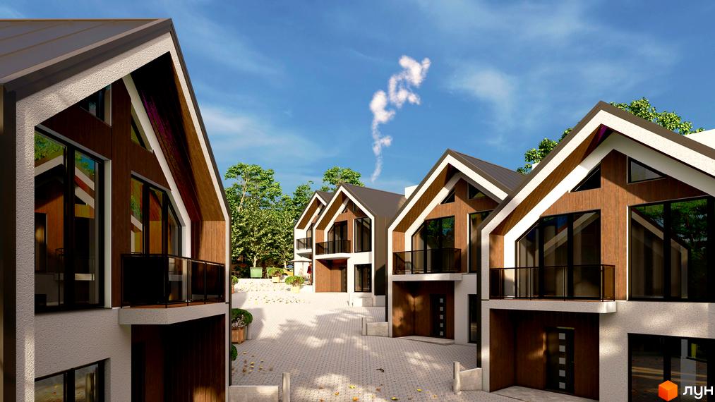 Зовнішній вигляд дуплексів Грушевського з дерев'яними фасадами та великими вікнами. Прибудинкова територія з бруківкою та зеленими насадженнями.