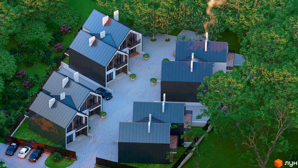 Зовнішній вигляд дуплексів Грушевського з сірими дахами та чорними фасадами, розташованих на брукованій території з деревами та автомобілями.