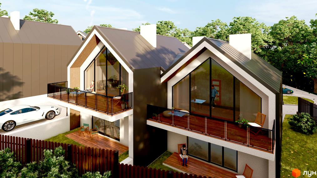 Зовнішній вигляд дуплексів Грушевського з великими вікнами та дерев'яними терасами, поруч розташована біла автівка та зелений газон.