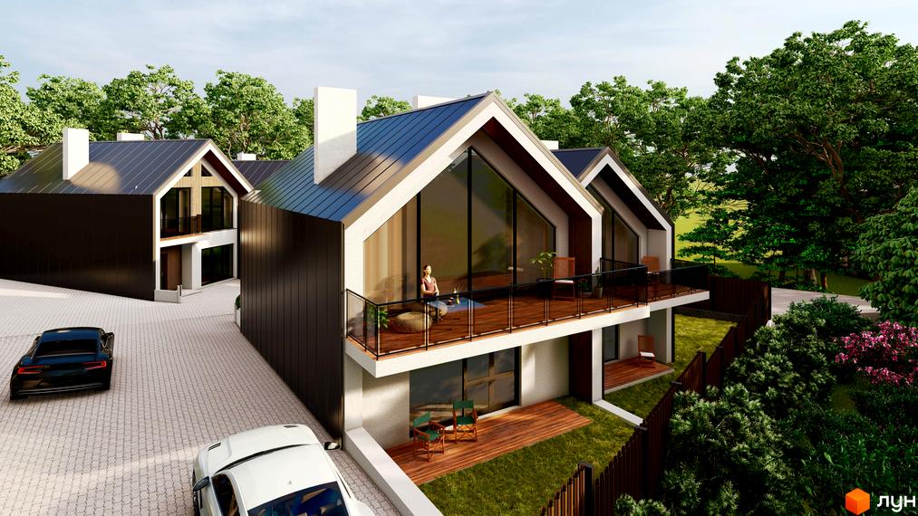 Дуплекси „Грушевського“ з темними фасадами, великими вікнами та балконами. На подвір'ї вимощена бруківка, зелений газон та дерева.