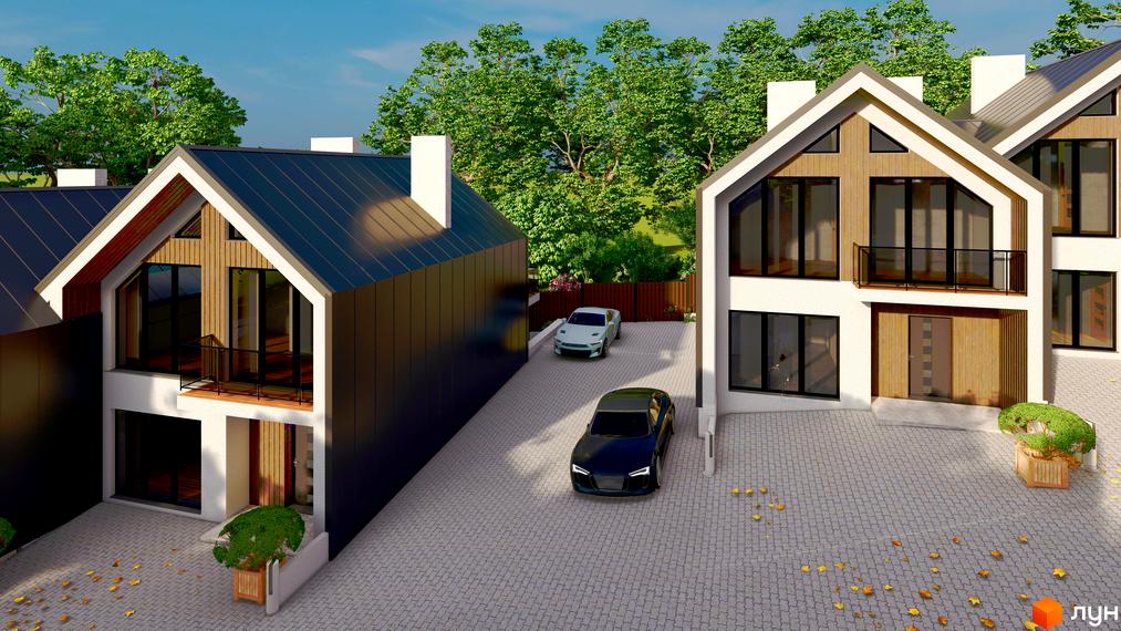 Дуплекси „Грушевського“: сучасні будинки з панорамними вікнами та доглянутою прибудинковою територією з автомобілями.