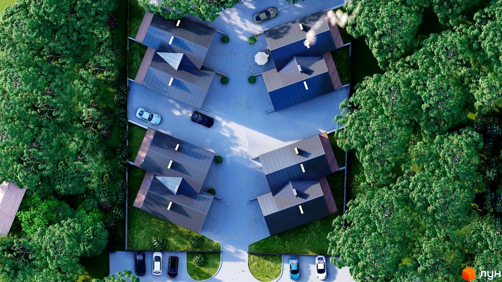 Аерофото Дуплексів „Грушевського“: будинки з похилими дахами та прибудинкова територія з зеленими зонами.