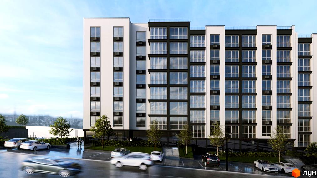 Житловий комплекс WEST HILL: багатоповерховий будинок з білими та чорними фасадами, великими вікнами та прибудинковою територією з парковкою та зеленню.