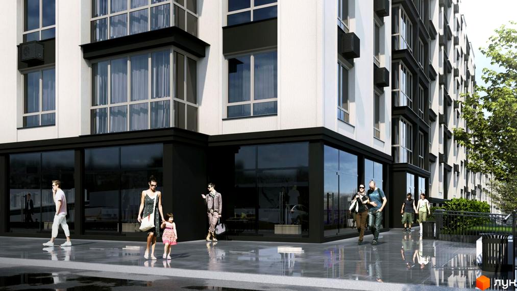 Зображення фасаду будинку Житлового комплексу WEST HILL з великими вікнами та прилеглою пішохідною зоною.