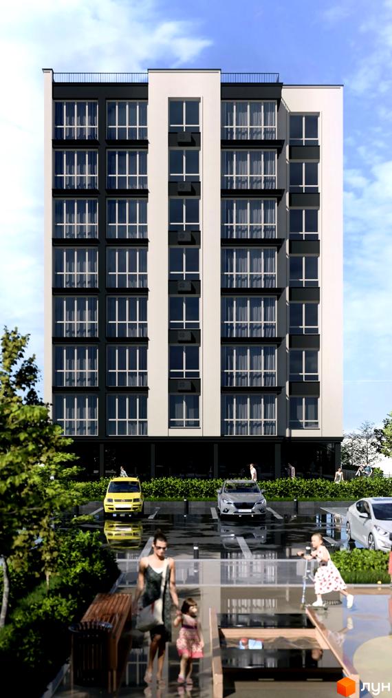 Багатоповерховий житловий будинок Житлового комплексу WEST HILL з контрастним фасадом світлих та темних кольорів. Перед будинком розташований паркінг, зелені насадження та пішохідна зона.