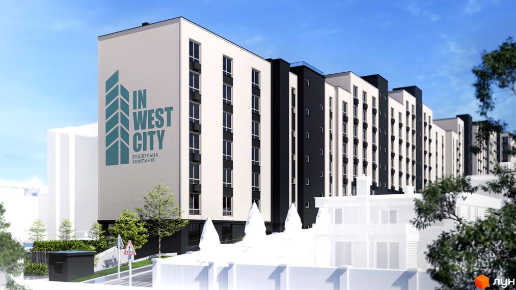 Фасад Житлового комплексу WEST HILL виконаний у білих та темно-сірих тонах з численними вікнами. Прибудинкова територія має зелені насадження.