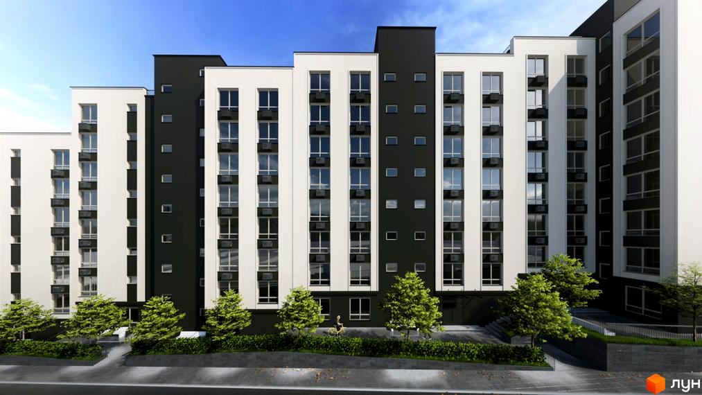 Фасад Житлового комплексу WEST HILL з білими та чорними секціями, численними вікнами. Прибудинкова територія озеленена деревами та кущами, є доріжки.