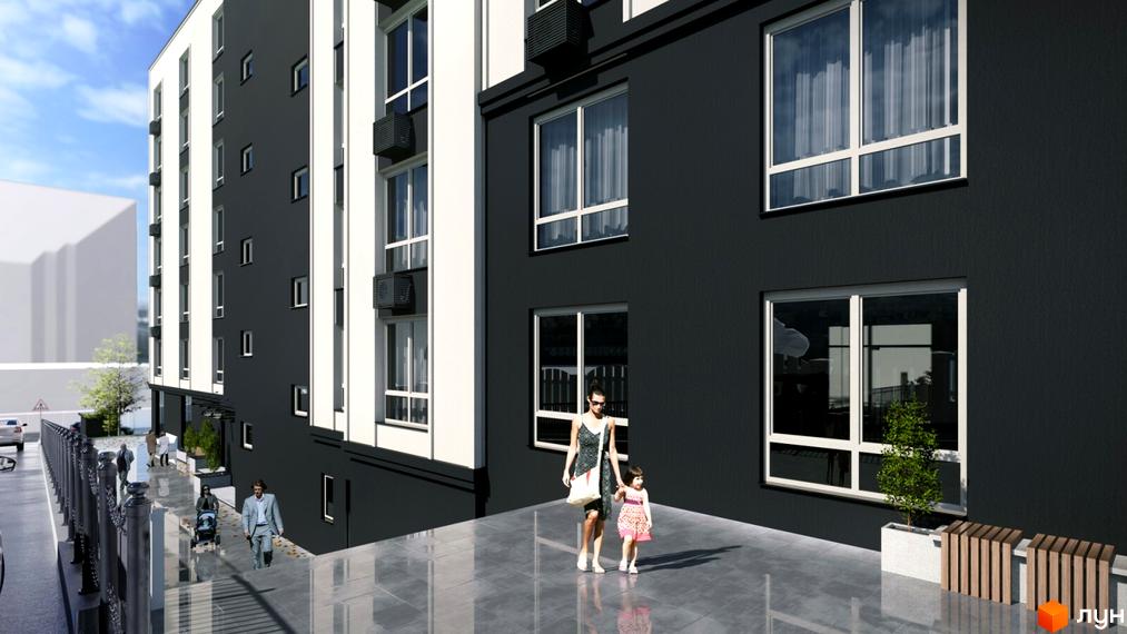 Житловий комплекс WEST HILL з темно-сірим фасадом та білими віконними рамами. Перед будинком облаштована територія з лавками та пішохідною зоною.