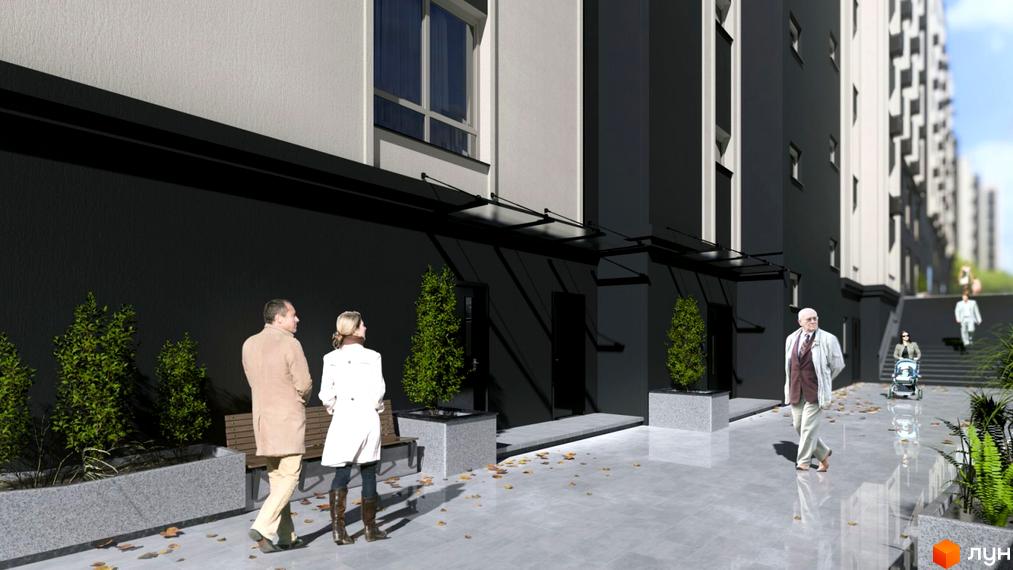 Зображення фасаду та прибудинкової території Житлового комплексу WEST HILL. На передньому плані пішохідна зона з лавками та деревами.