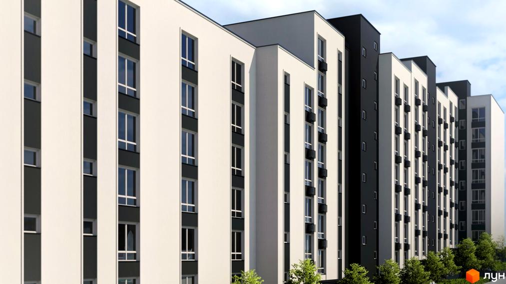 Зображення фасаду багатоповерхового будинку в Житловому районі WEST HILL з великими вікнами. Навколо будинку зелені насадження.