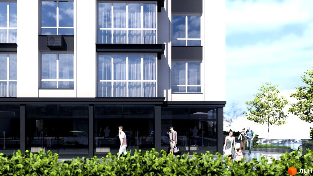 Фасад Житлового комплексу WEST HILL з великими вікнами та комерційними приміщеннями на першому поверсі. Перед будинком зелені насадження та пішохідна зона з людьми.