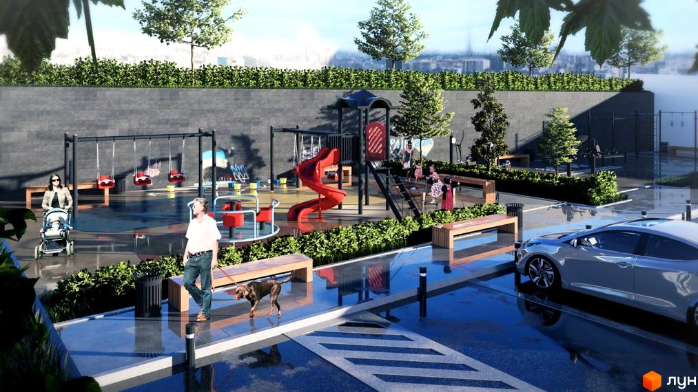 Житловий комплекс WEST HILL: облаштована прибудинкова територія з дитячим майданчиком, зонами відпочинку та зеленими насадженнями.