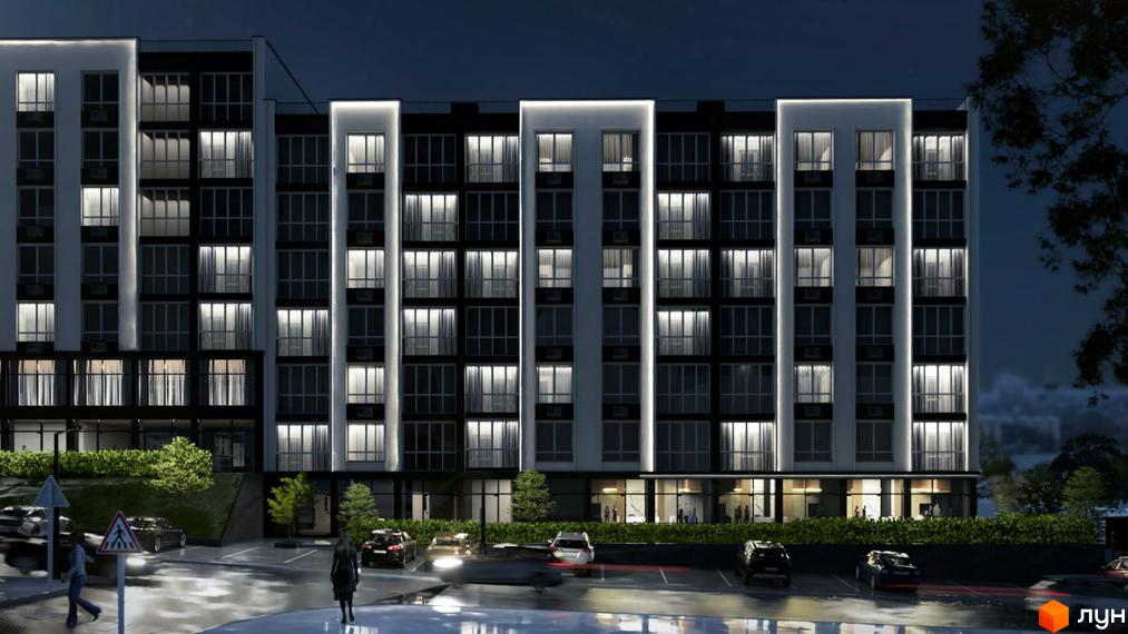 Зображення фасаду Житлового комплексу WEST HILL вночі. На передньому плані парковка та пішохідна зона.