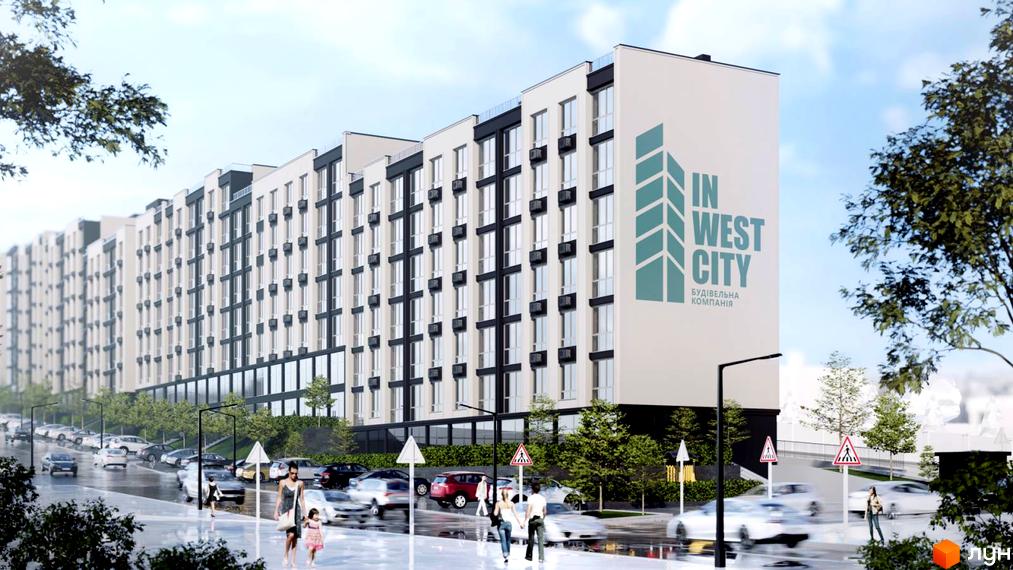 Зображення фасаду Житлового комплексу WEST CITY з великою кількістю вікон. На передньому плані дорога з автомобілями та пішоходами.