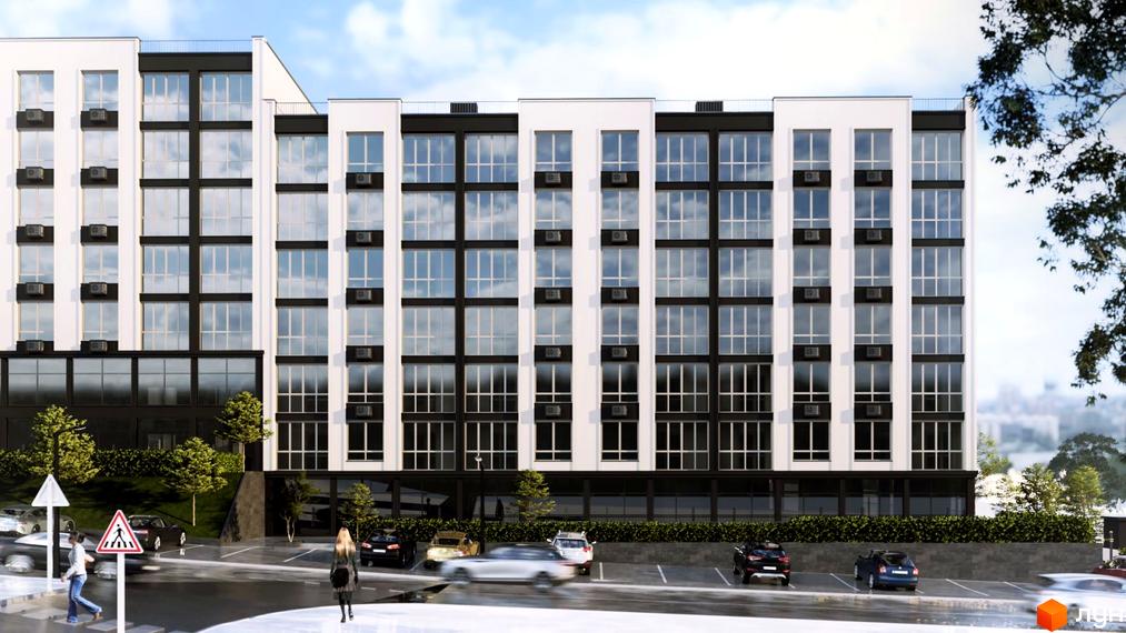 Житловий комплекс WEST HILL: білий фасад з чорними вікнами та елементами. Навколо облаштована парковка та зелені насадження.