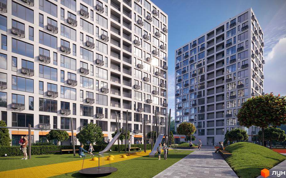 Житловий комплекс Вертикаль: два багатоповерхові будинки зі світлими фасадами та великими вікнами. Прибудинкова територія включає дитячий майданчик та зелені зони.