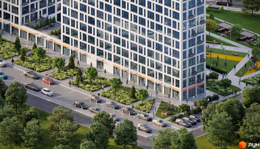 Зображення Житлового комплексу Вертикаль з великою кількістю вікон. Навколо новобудови розташовані дерева, тротуари та парковка.